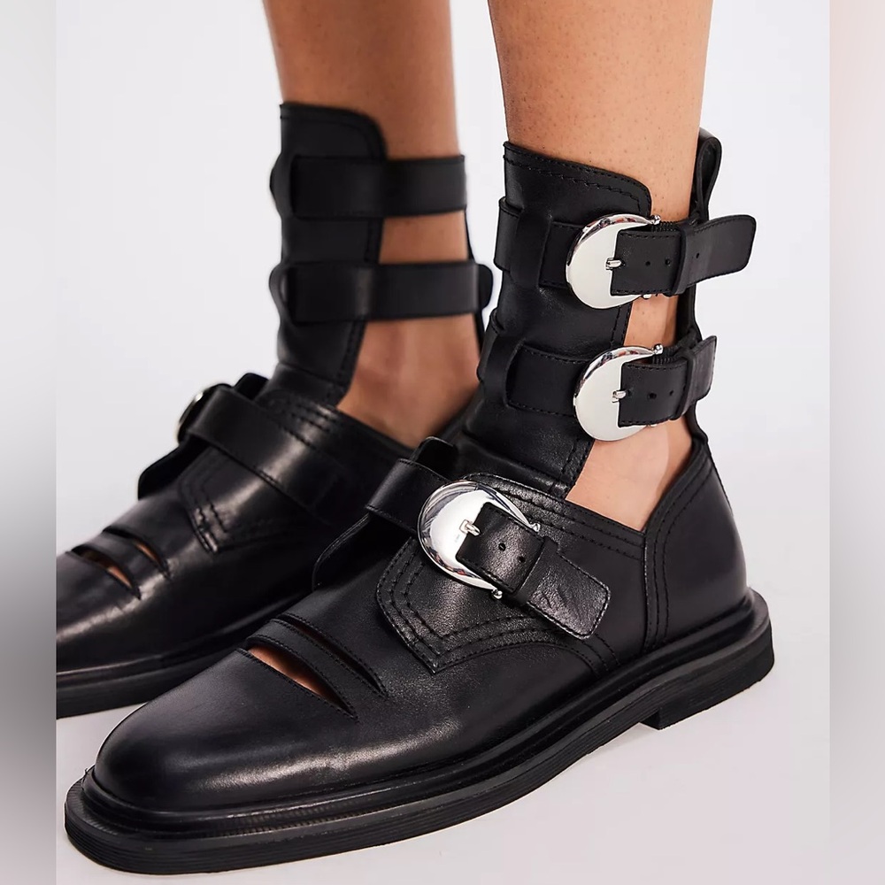Free People Black Leather Cutout Ankle Buckle Boots